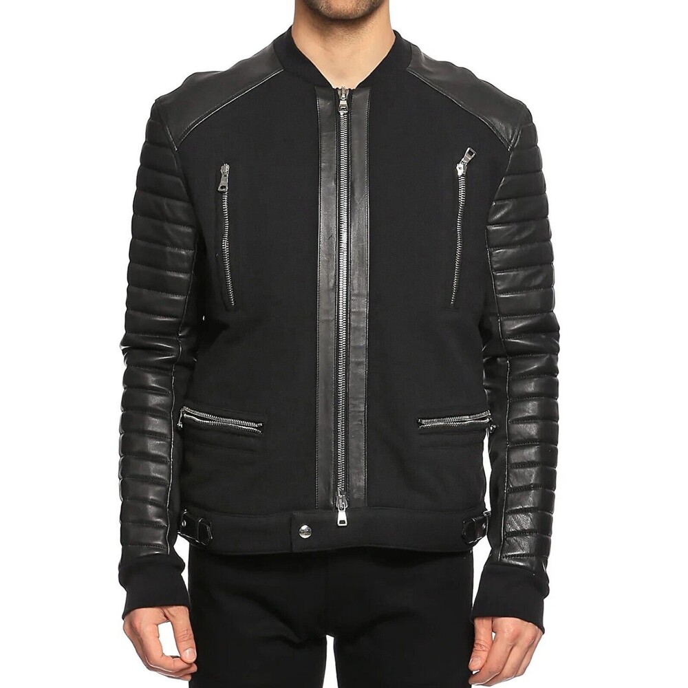 $3245 Balmain Men's Zip Front Cotton & Leather Biker Moto Jacket Black Size L